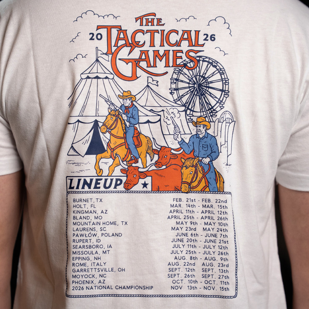 The Tactical Games 2026 Event LINEUP T-Shirt back lineup detail