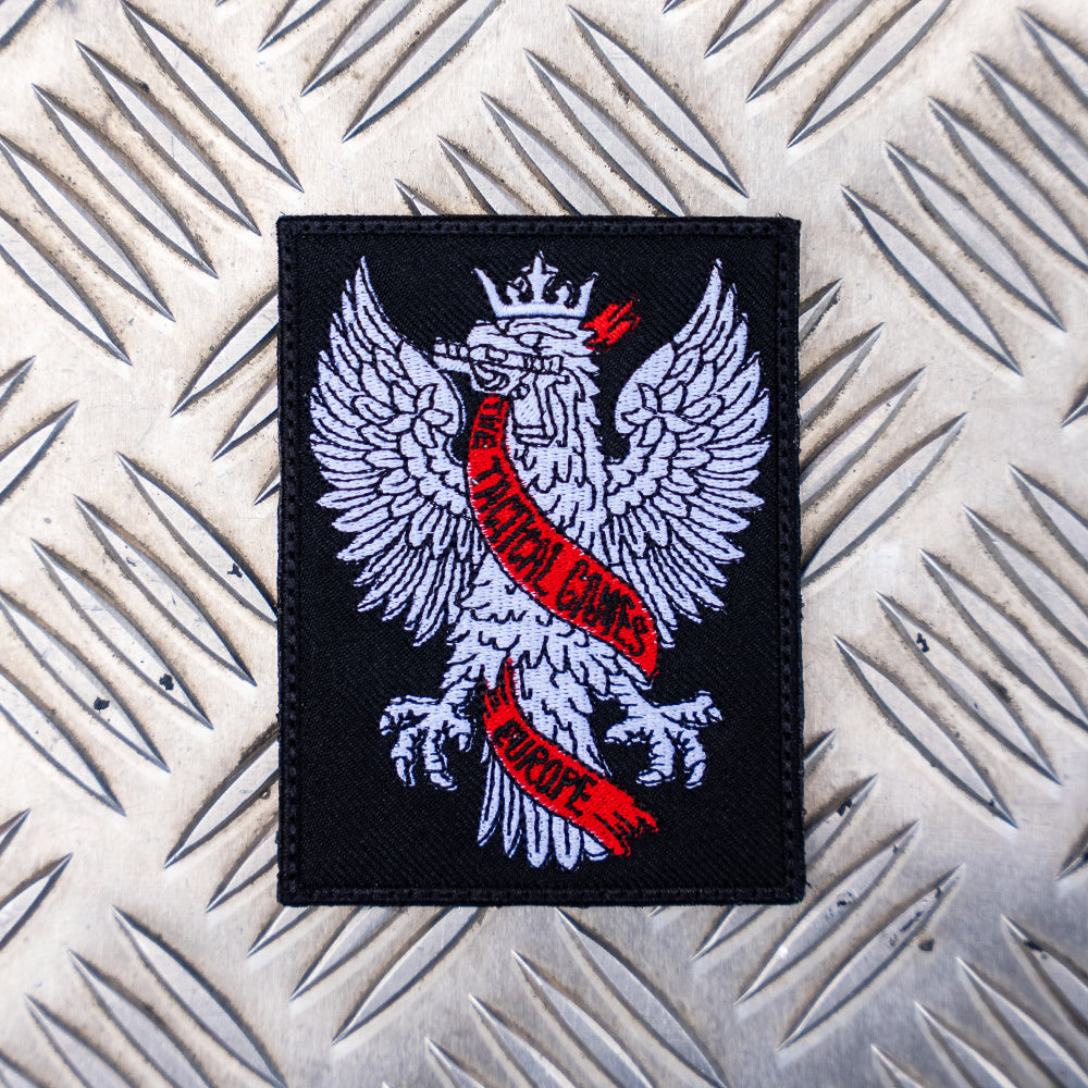The Tactical Games Europe Eagle Patch on metal background